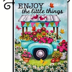 NIP “ENJOY the little things”  Burlap Garden Flag 12” x 18” Blue Truck, Florals